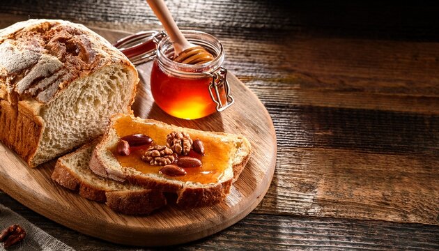 fresh bread with jam honey and nuts on rustic wooden table