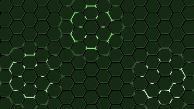 Dark hexagonal honeycomb pattern background animation, Hexagonal honeycomb pattern with three highlighted clusters and subtle glossy reflections
