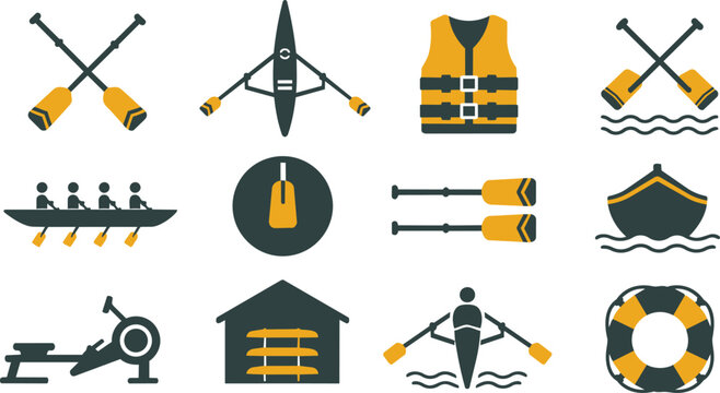 Rowing Boating Water Sports Equipment Flat Design Icons Set