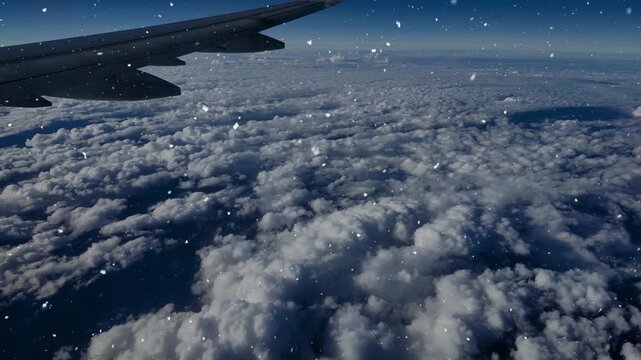 View from an airplane window with the wing above the clouds as snow falls through the sky.