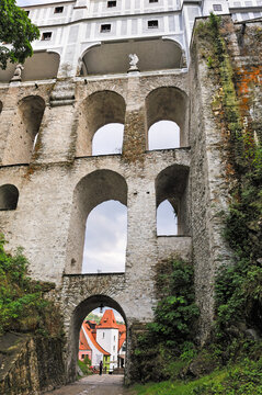 Structure stands tall against blue skies in Cesky Krumlov Castle area in South Bohemia region of Czech Republic