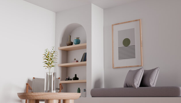 Cozy Nook: A minimalist interior featuring a cozy reading nook with plush cushions and a framed abstract artwork, complemented by a decorative shelf filled with curios and a vase of greenery.
