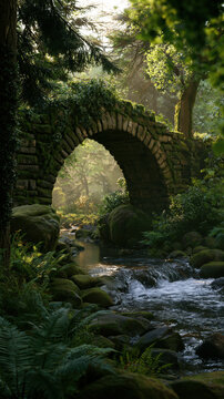 Ancient stone arch bridge covered in moss over a flowing stream in a dense forest with sunlight filtering through trees, photorealistic 8k