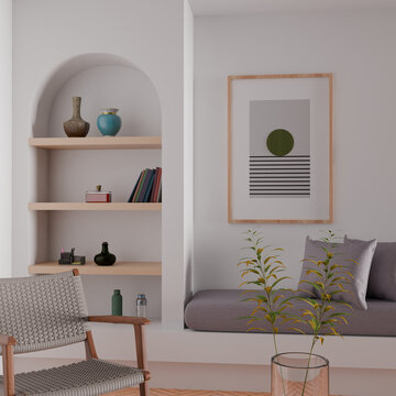 Serene Mediterranean Style Interior: A cozy reading nook featuring an elegant arched shelf built into the wall, a comfortable grey daybed with plush pillows, a wooden armchair, and minimal decor.