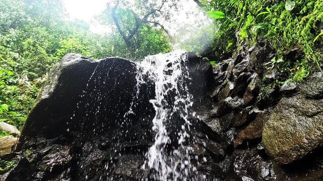 Low Angle View of Waterfall Cascading Over Dark Rocks in Ecuador Cloud Forest, Freshwater Spray, Ferns and Tropical Jungle Landscape
