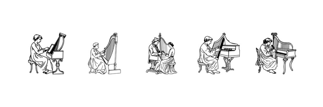 Harpsichord set with continuous single black line drawing of a person playing the instrument featuring Baroque, performance, musician with harpsichord and notation