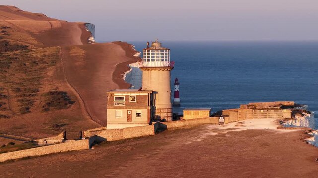 Belle Tout Lighthouse standing on white Seven Sisters Cliffs in the United Kingdom
