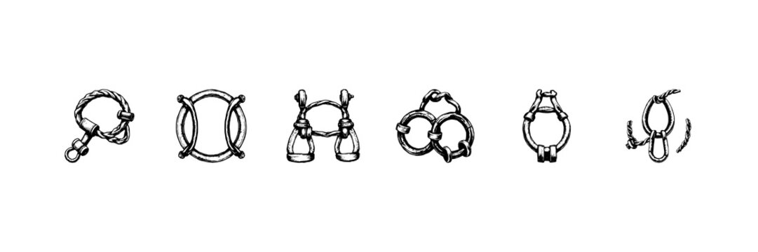 Shackles set with heavy iron vintage ink illustration of dungeon aesthetic isolated on white background featuring medieval, ornamental, austere with realism and historical