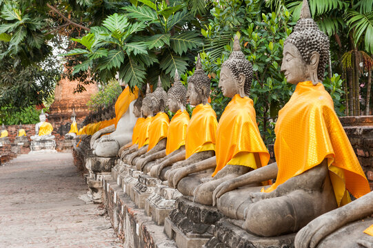 Buddha statues dressed in orange robes at Wat Yai Chai Mongkol in Ayutthaya, Thailand, surrounded by green foliage