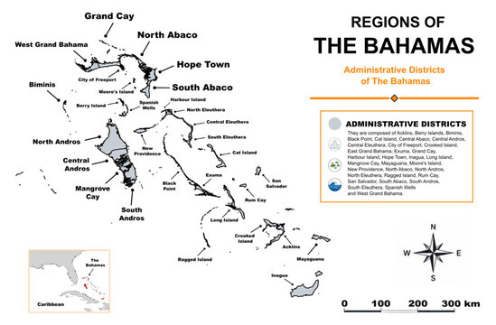 The Bahamas Administrative Districts Map, Detailed Political and Regional Map of the Bahamas
