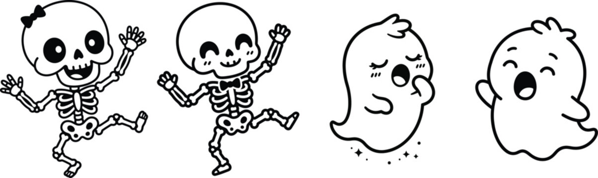 Cute baby skeleton and ghost characters dancing and playing for Halloween vector illustration