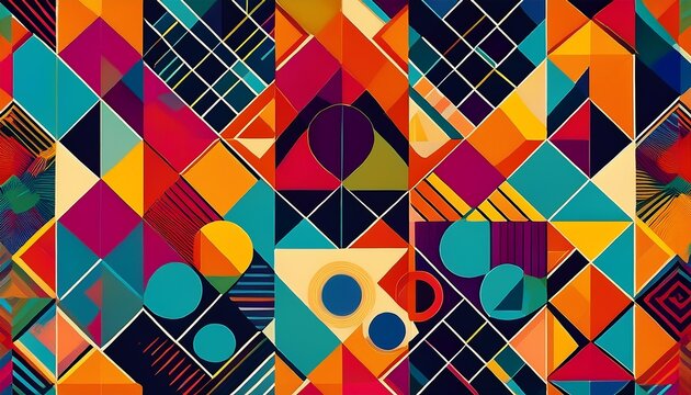 abstract geometric pattern with squares circles and triangles in vibrant colors