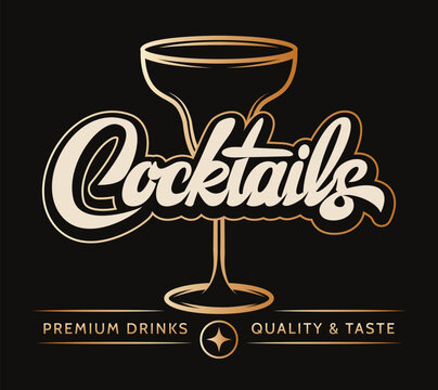 Elegant golden outlined cocktail glass with elaborate script text Cocktails and bottom banners on dark background.