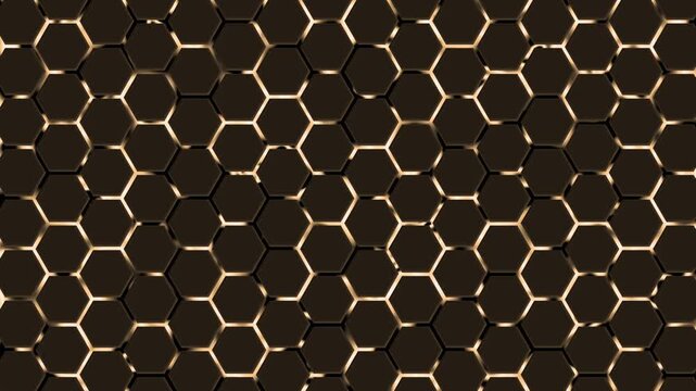 Hexagonal tiles with glossy highlights and shadowed edges, Dark hexagonal honeycomb pattern background animation