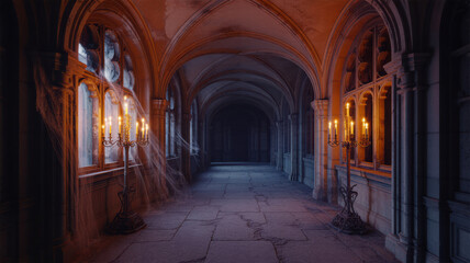 Fototapeta premium A dimly lit hallway with arches and windows on Halloween night
