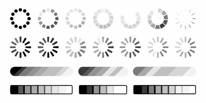Loading spinner icons and progress bar illustrations on a white background