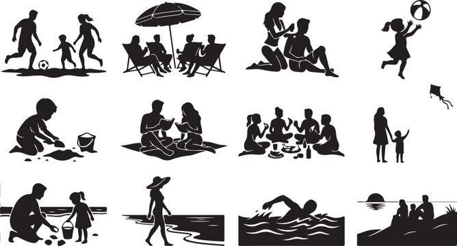 Set of black silhouettes depicting summer beach activities, including families playing with a ball, sunbathing under an umbrella, swimming, building sandcastles, having a picnic, and walking by