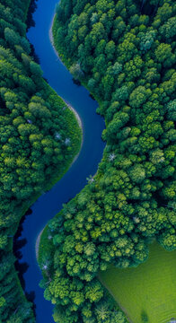 Aerial view of a winding blue river through a dense green forest, symbolizing nature, tranquility, and exploration