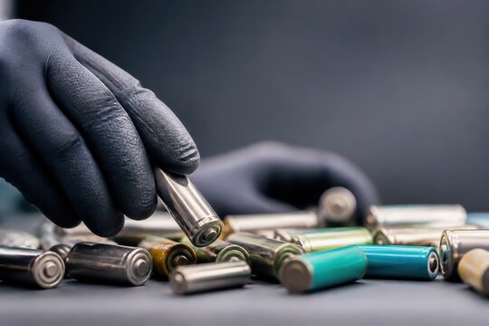 Gloved hand sorting batteries for recycling, emphasizing environmental conservation and sustainable waste management.