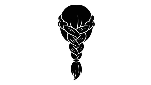 Black silhouette of a womans hairstyle with a braided ponytail, back view, elegant hair design, flat vector icon