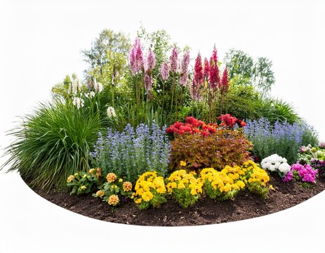 flowerbed with different blooming plants and flowers isolated on white background
