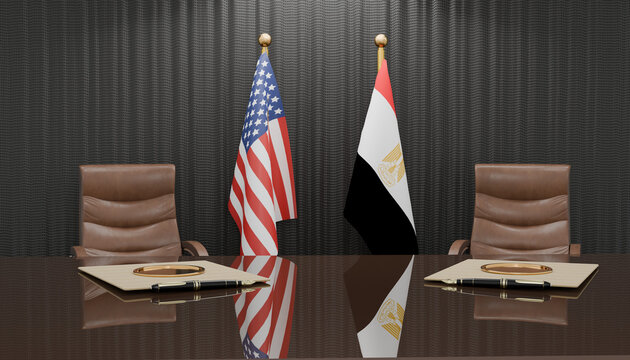 Diplomatic Encounter: Two flags, representing the United States and Egypt, stand proudly behind a polished conference table, flanked by plush leather chairs.
