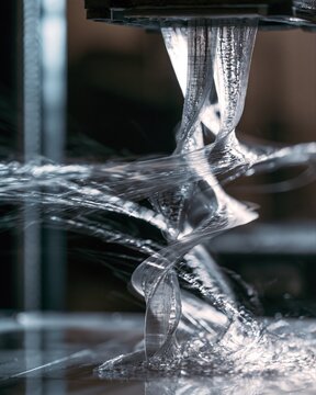 Medium shot of flexible material 3D printing in progress capturing dynamic movement and elastic characteristics for customizable lighting prototypes.