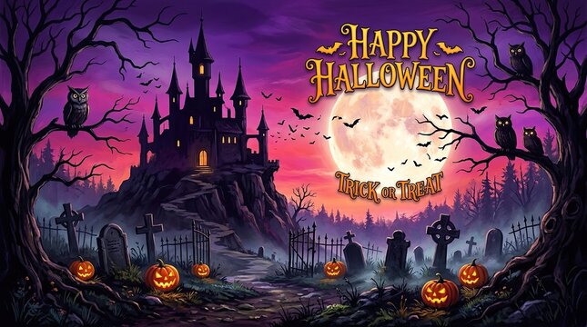 Happy halloween and trick or treat message sign over a dark haunted castle landscape with a bright full moon and glowing jackolanterns in a graveyard halloween graveyard greeting