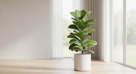 Fototapeta premium A potted green plant stands by a large window with sheer curtains, symbolizing natural beauty and indoor serenity, perfect for home decor or wellness concepts.