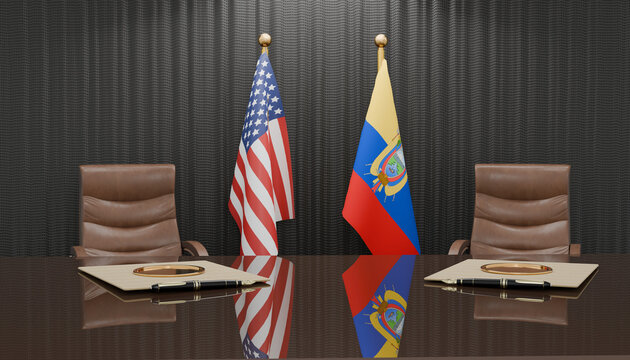 Diplomatic Summit: Two flags, United States and Ecuador, stand side-by-side behind a conference table with two chairs, symbolizing an international meeting and diplomatic relations.