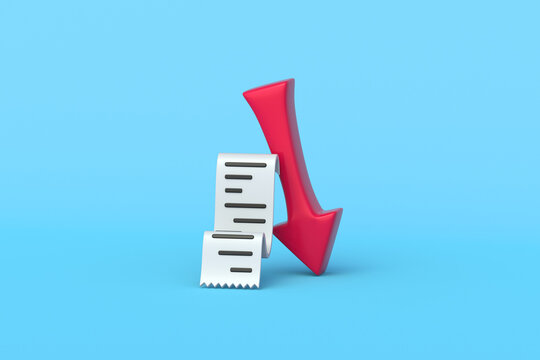 Declining sales. Reduced consumer spending. Retail performance. Business losses. Economic slowdown. Lower profitability. Store receipt beside a red downward arrow. 3d render