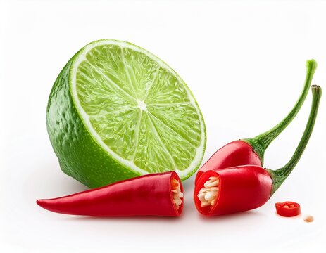 lime cut and chili pepper break down isolated on white background