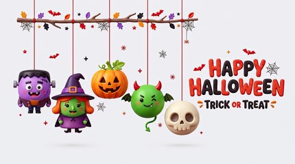 Fototapeta premium Happy halloween hanging ornaments featuring a pumpkin frankenstein monster witch green demon a skull on a branch halloween ornaments pumpkins frankenstein celebration seasonal