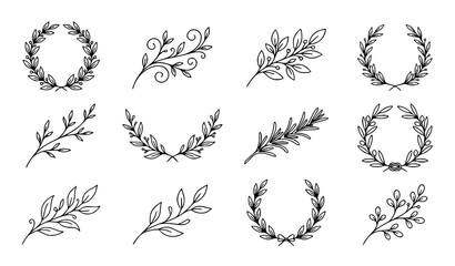 Fototapeta premium Hand drawn botanical line art wreaths and branches vector set with elegant leaf swirls and minimalist plant design elements