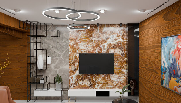 Modern Living Room with Natural Textures: A contemporary living room showcasing a blend of natural wood, marble, and metallic accents, creating a sophisticated and inviting atmosphere.