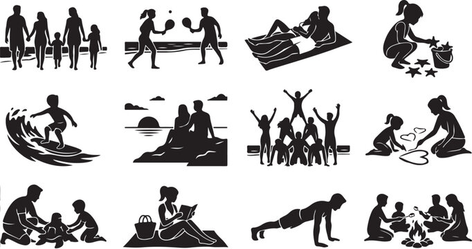 Set of black silhouette depicting various summer beach activities, including family walking, playing paddle ball, surfing, sunbathing, building sandcastles, and sitting by a campfire at sunset
