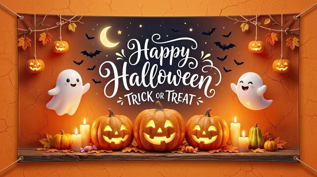 Happy halloween trick or treat banner with spooky ghosts and glowing jack-o'-lanterns jack o lantern autumn themed halloween pumpkins celebration decorations background