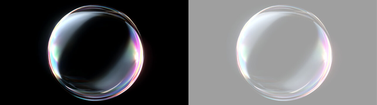 Clear soap bubble with colorful iridescent edges. Realistic 3D transparent glass sphere isolated on black and checkerboard backgrounds