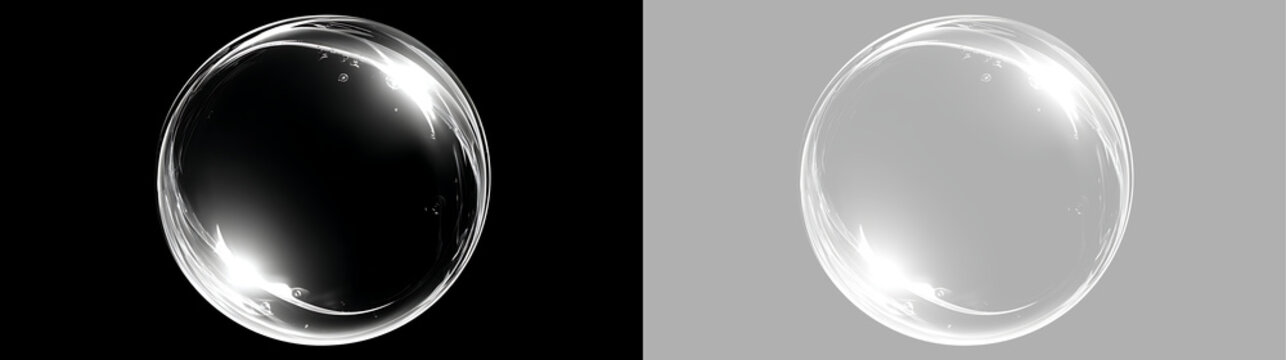 Transparent glass sphere with bright white reflections. Realistic 3D rendered clear water drop or bubble isolated on black and transparent backgrounds