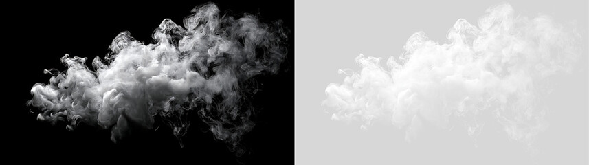 Naklejka premium Detailed white smoke plume on black and transparent background. Wispy vapor cloud split screen. Realistic steam and mist overlay asset