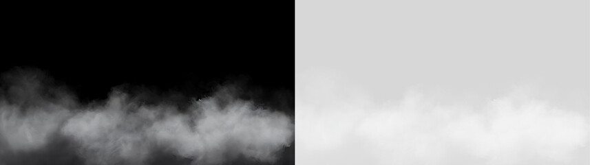 Fototapeta premium Wispy ground mist isolated on black and transparent background. Low white fog or smoke overlay. Atmospheric design element