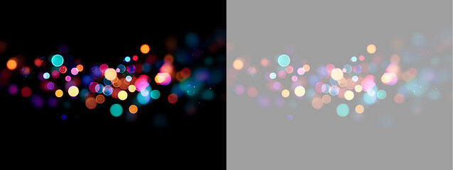 Obraz premium Vibrant bokeh light leaks on black and transparent background. Horizontal glowing glitter circles. Festive holiday light effect