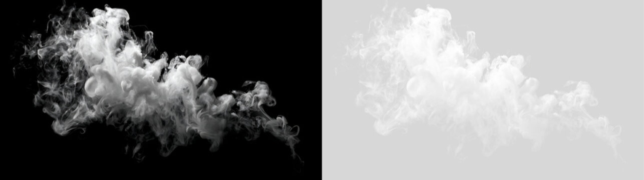 Dynamic white smoke plume on black and transparent background. Fluid vapor cloud split screen. Realistic steam overlay with wispy tail