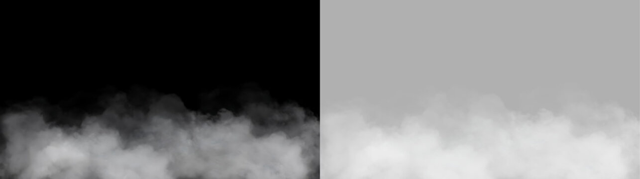 Low lying ground fog isolated on black and transparent background. White mist or smoke rising from bottom. Atmospheric overlay element