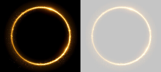 Naklejka premium Glowing golden circle with intense fiery sparks on black and transparent background. Round orange neon light ring design element