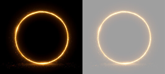 Glowing golden fire circle frame with falling sparks. Fiery ring light effect with ground reflection on black and transparent background. Round border graphic © Василий Куриленко