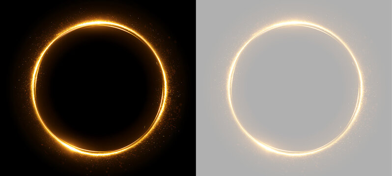 Double glowing golden circle of light with fine sparks. Orange neon ring frame on black and transparent background. Magic portal graphic element
