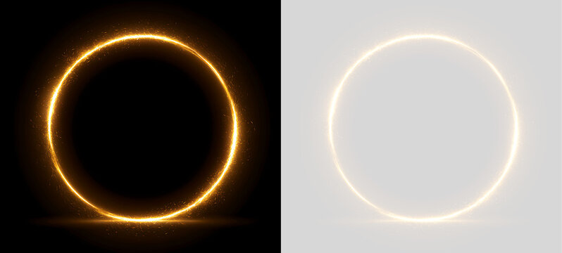 Glowing golden circle of light with sparks. Orange neon ring frame on black and transparent background. Magic portal graphic element
