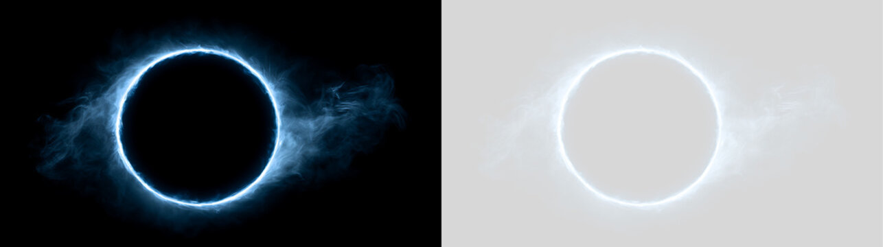 Perfect circular glowing blue energy ring with smoke. Round portal light effect isolated on black and transparent background. Sci-fi magic circle
