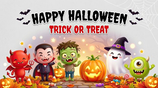 Happy halloween trick or treat festive illustration with cute monsters and pumpkins witch hat jack o lantern child friendly halloween monsters pumpkins celebration creatures